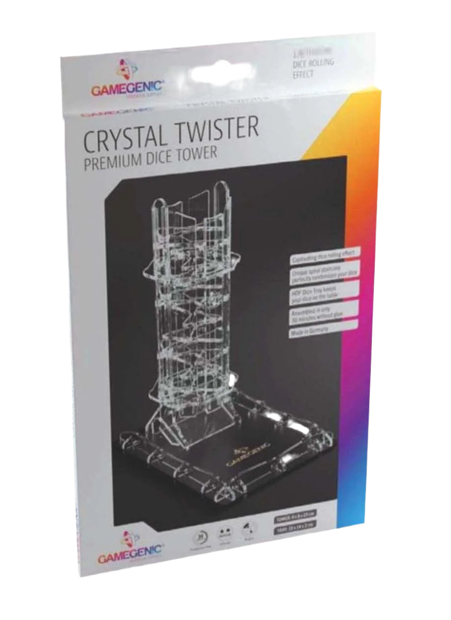 Crystal Twister Dice Tower in clear acrylic, compact size for RPG gaming, durable and stylish design