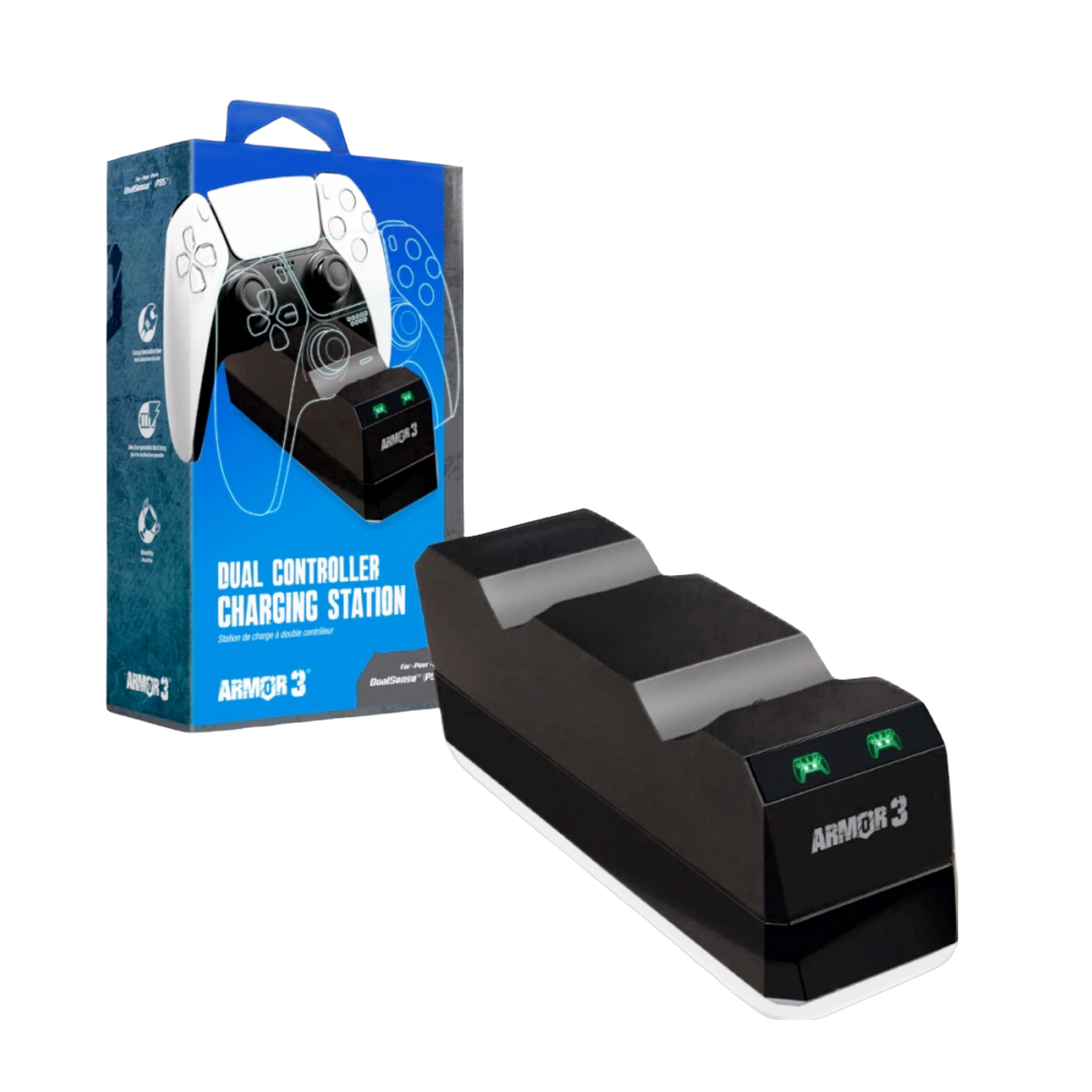 PS5 Dualsense Controller Dual Charging Station, sleek black design, fast-charge feature for gaming enthusiasts