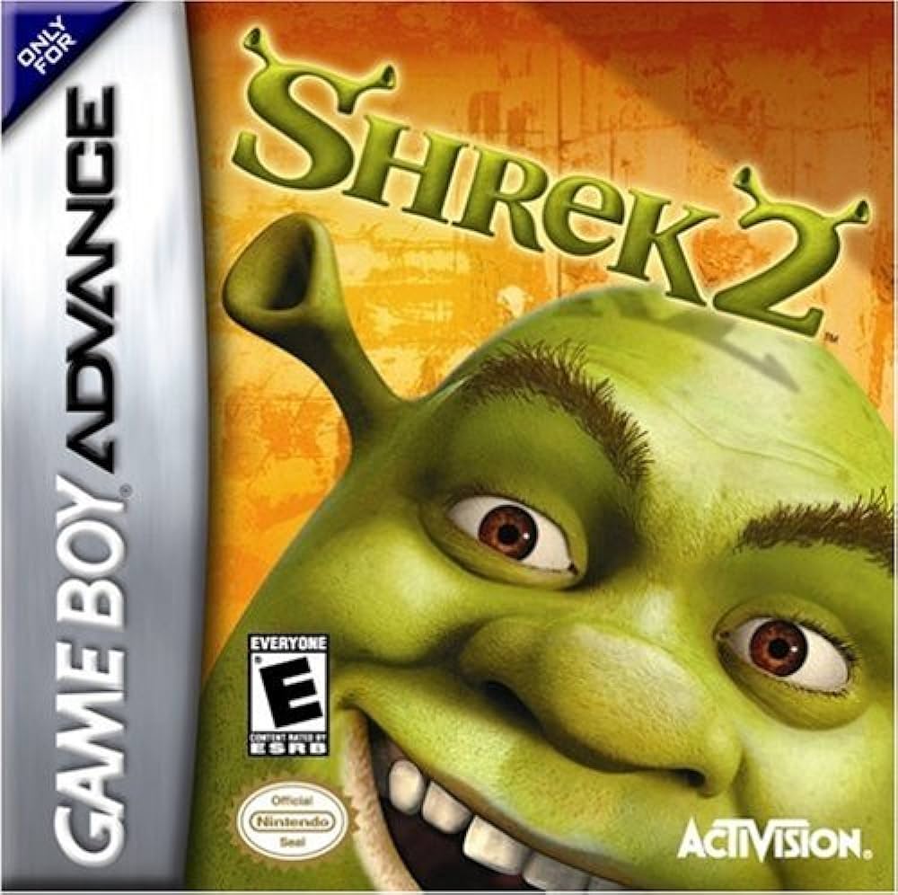 Shrek 2 GBA game cartridge, vintage green, for Game Boy Advance, family-friendly platformer