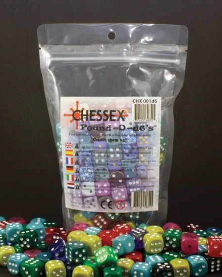Chessex Pound-o-D6 Dice Bag stores a pound of D6 dice; soft fabric, portable storage for gamers.