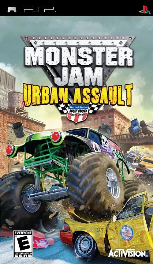 Monster Jam Urban Assault PSP game, thrilling off-road racing action, vibrant graphics for PlayStation Portable